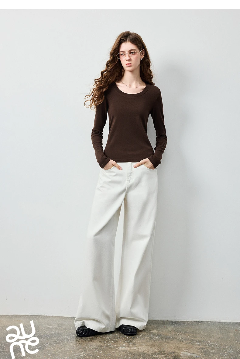 TOYOUTH Women's Wool Blend U Neck Waist Fitted T Shirt 2026 Fall New Arrival Mochi Soft Intellectual Chic Base Layering Top
