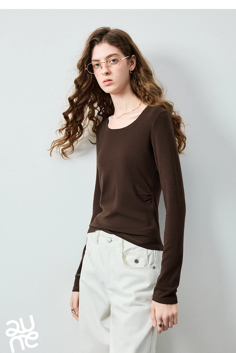 TOYOUTH Women's Wool Blend U Neck Waist Fitted T Shirt 2026 Fall New Arrival Mochi Soft Intellectual Chic Base Layering Top