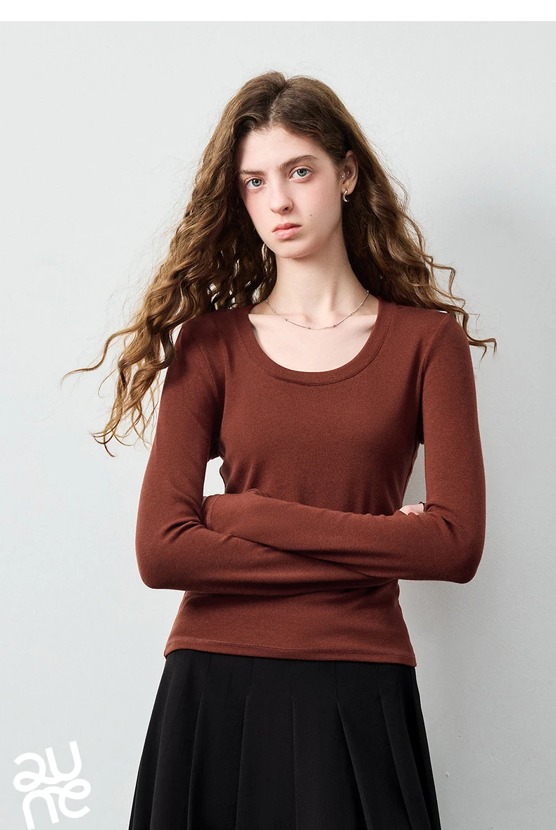 TOYOUTH Women's Wool Blend U Neck Waist Fitted T Shirt 2026 Fall New Arrival Mochi Soft Intellectual Chic Base Layering Top
