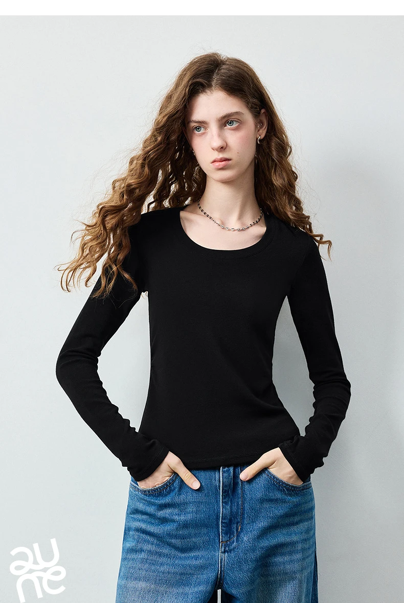 TOYOUTH Women's Wool Blend U Neck Waist Fitted T Shirt 2026 Fall New Arrival Mochi Soft Intellectual Chic Base Layering Top