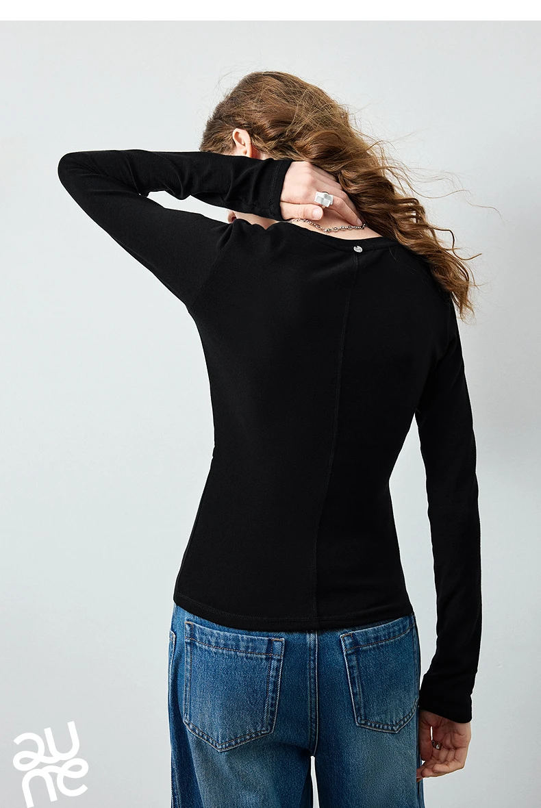 TOYOUTH Women's Wool Blend U Neck Waist Fitted T Shirt 2026 Fall New Arrival Mochi Soft Intellectual Chic Base Layering Top