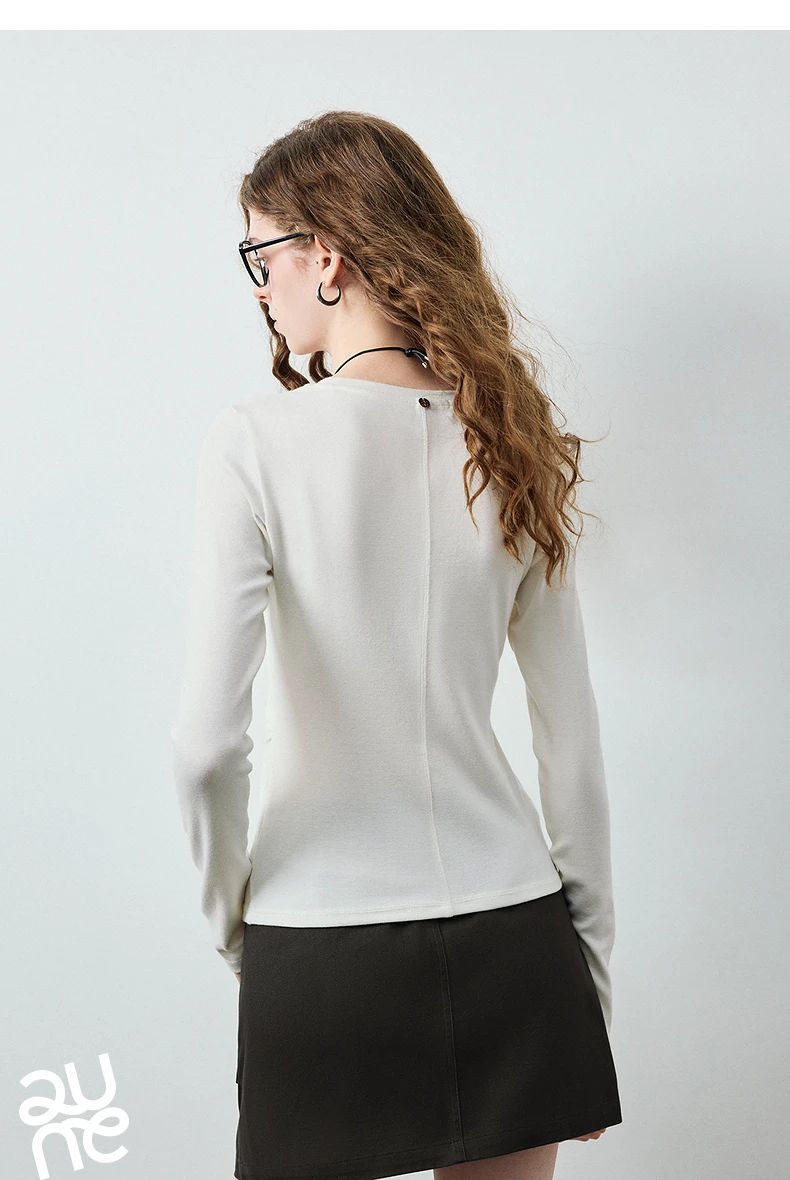 TOYOUTH Women's Wool Blend U Neck Waist Fitted T Shirt 2026 Fall New Arrival Mochi Soft Intellectual Chic Base Layering Top