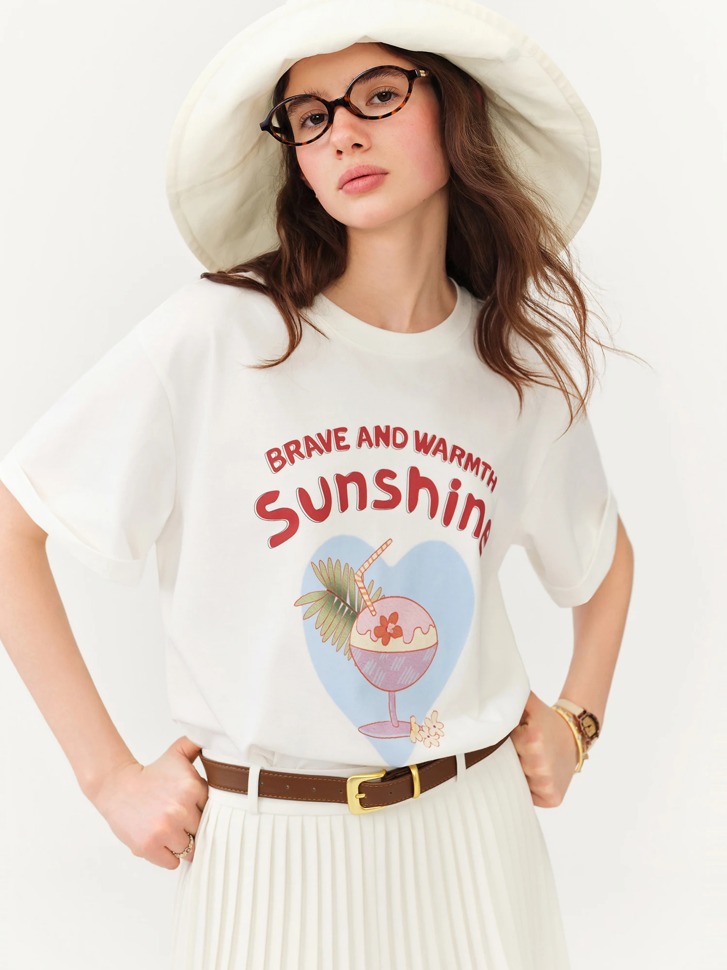 FSLE White Alphabet Print Women's Short Sleeve T-Shirt Summer 2026 New Arrival Casual Comfortable Fit Crew Neck Cotton Contain