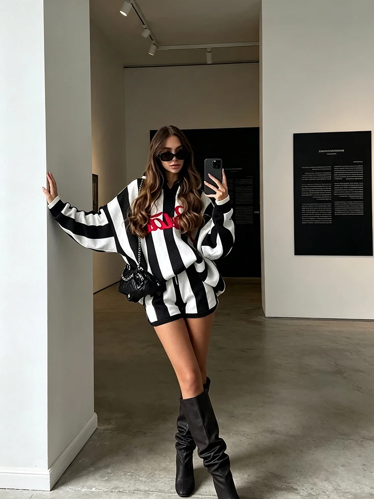Women Striped Knit Tracksuit 2 Piece Set Oversized Long Sleeve Sweater Shorts Letter Print Daily Casual Matching Set Streetwear