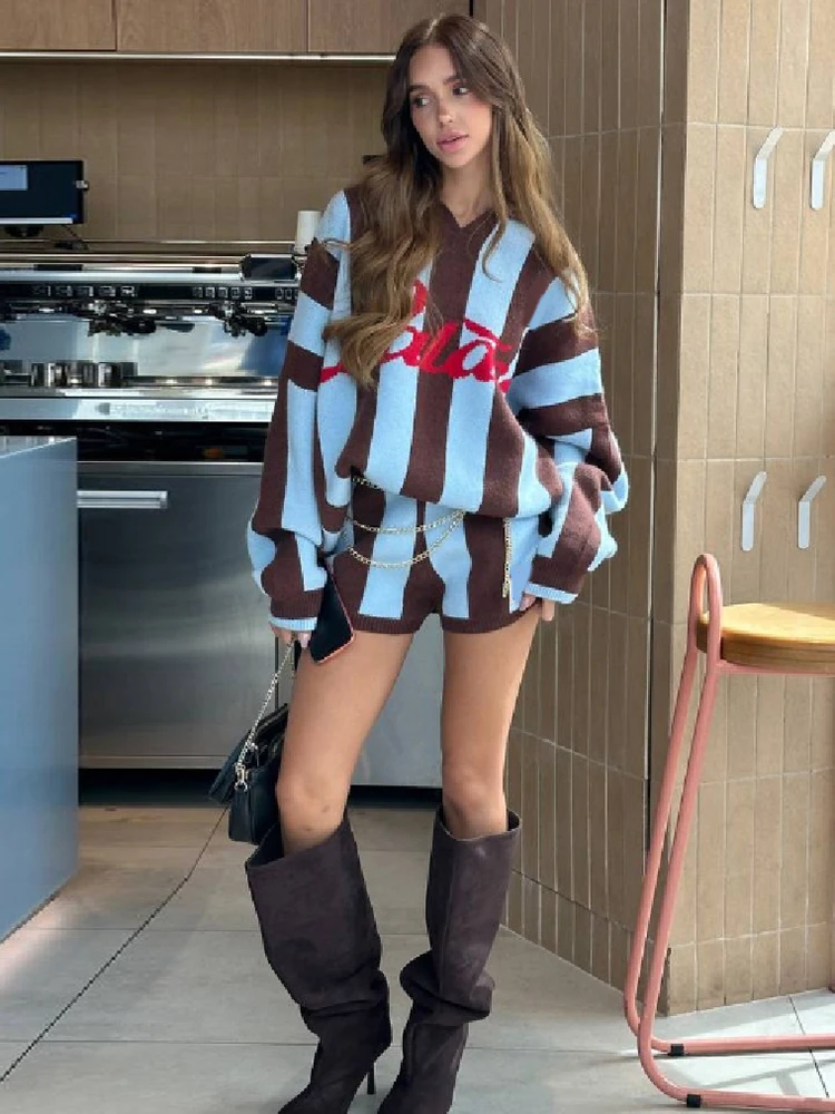 Women Striped Knit Tracksuit 2 Piece Set Oversized Long Sleeve Sweater Shorts Letter Print Daily Casual Matching Set Streetwear