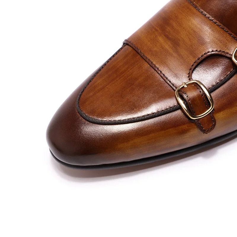 FELIX CHU Men's Genuine Leather Loafers Handmade Monk Strap Casual Dress Shoes for Wedding Party Summer Autumn Footwear