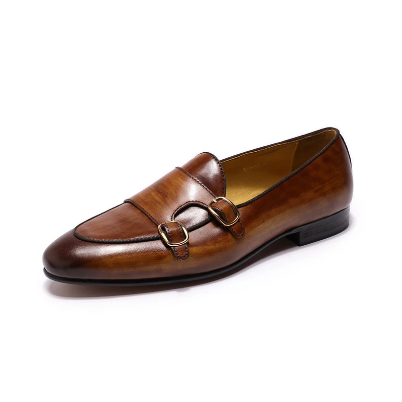FELIX CHU Men's Genuine Leather Loafers Handmade Monk Strap Casual Dress Shoes for Wedding Party Summer Autumn Footwear