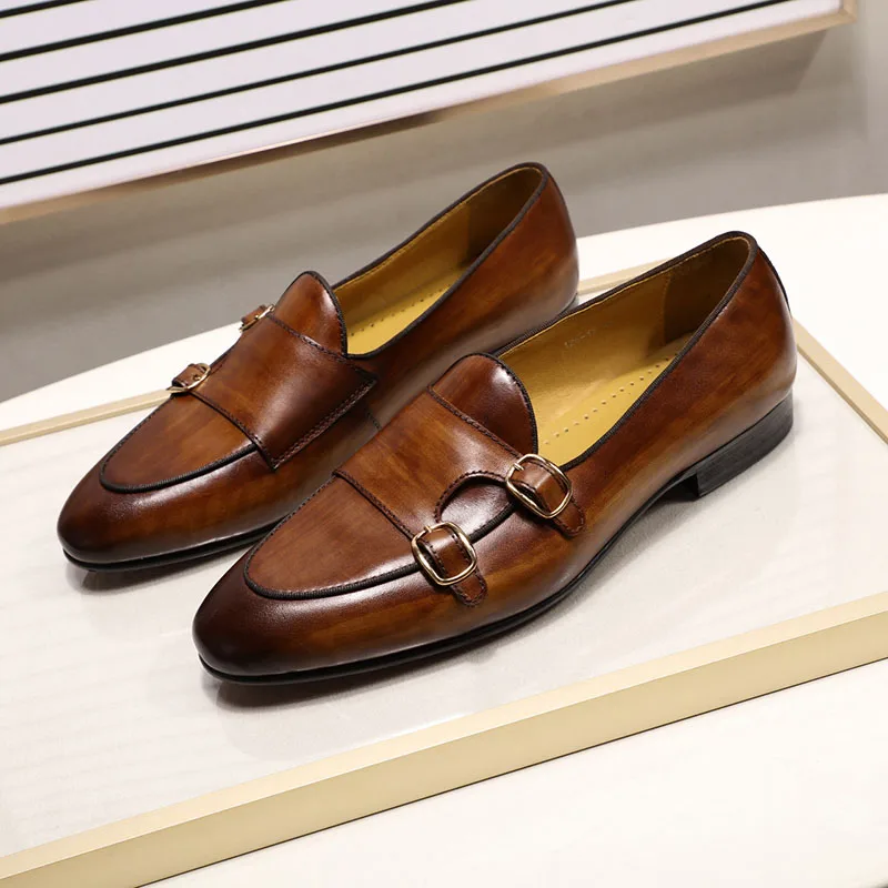 FELIX CHU Men's Genuine Leather Loafers Handmade Monk Strap Casual Dress Shoes for Wedding Party Summer Autumn Footwear