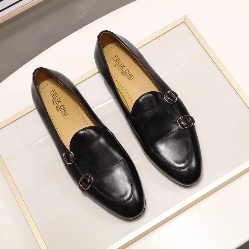 FELIX CHU Men's Genuine Leather Loafers Handmade Monk Strap Casual Dress Shoes for Wedding Party Summer Autumn Footwear