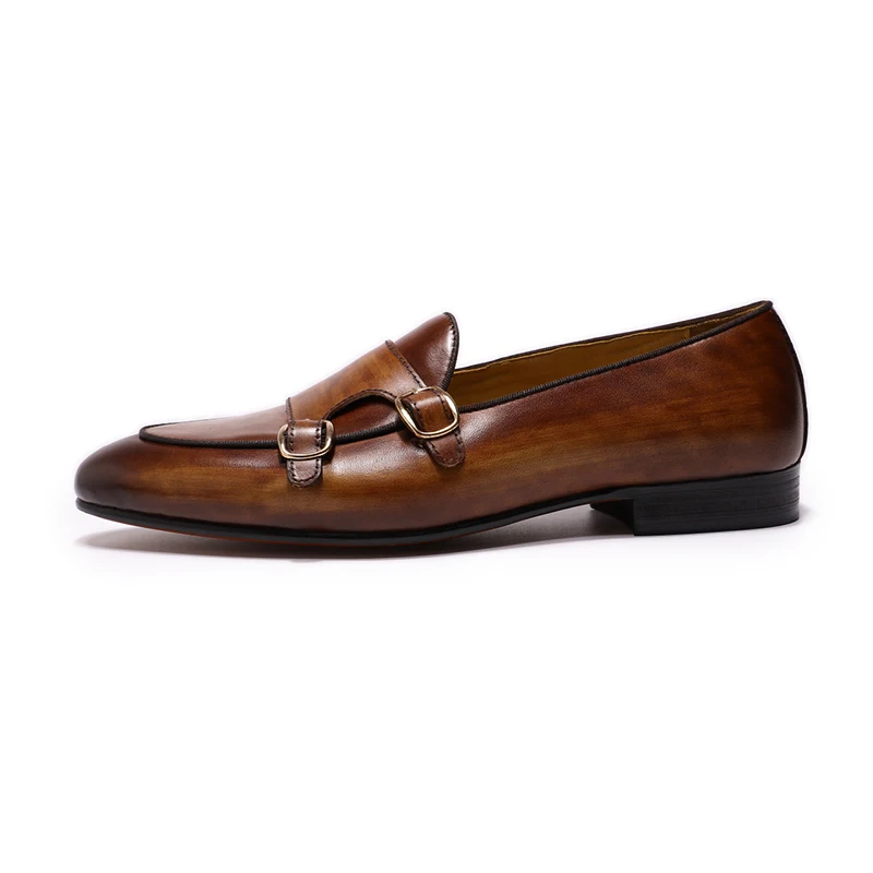 FELIX CHU Men's Genuine Leather Loafers Handmade Monk Strap Casual Dress Shoes for Wedding Party Summer Autumn Footwear
