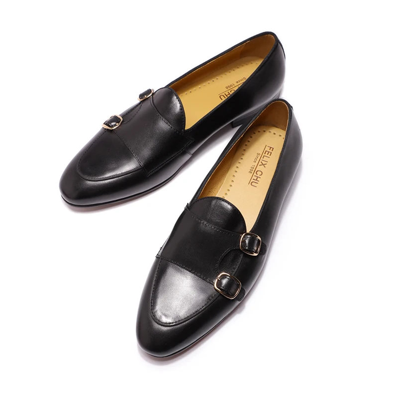 FELIX CHU Men's Genuine Leather Loafers Handmade Monk Strap Casual Dress Shoes for Wedding Party Summer Autumn Footwear