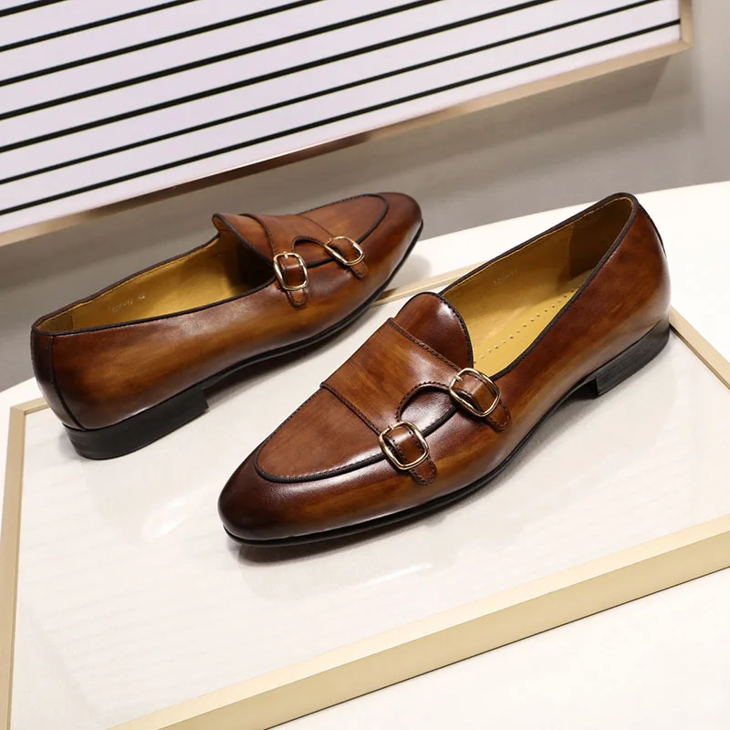 FELIX CHU Men's Genuine Leather Loafers Handmade Monk Strap Casual Dress Shoes for Wedding Party Summer Autumn Footwear