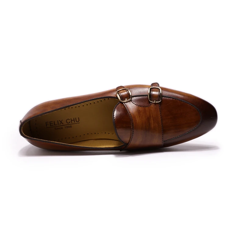 FELIX CHU Men's Genuine Leather Loafers Handmade Monk Strap Casual Dress Shoes for Wedding Party Summer Autumn Footwear
