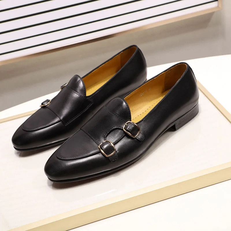 FELIX CHU Men's Genuine Leather Loafers Handmade Monk Strap Casual Dress Shoes for Wedding Party Summer Autumn Footwear