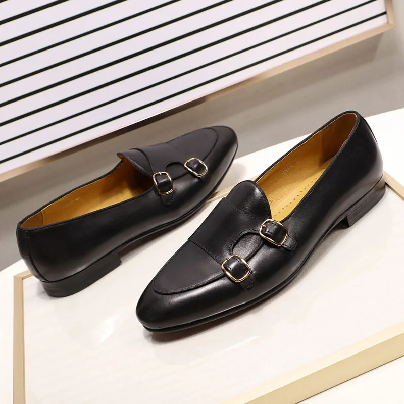 FELIX CHU Men's Genuine Leather Loafers Handmade Monk Strap Casual Dress Shoes for Wedding Party Summer Autumn Footwear