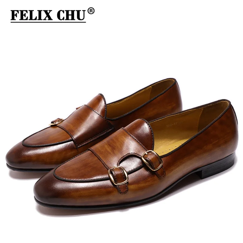 FELIX CHU Men's Genuine Leather Loafers Handmade Monk Strap Casual Dress Shoes for Wedding Party Summer Autumn Footwear