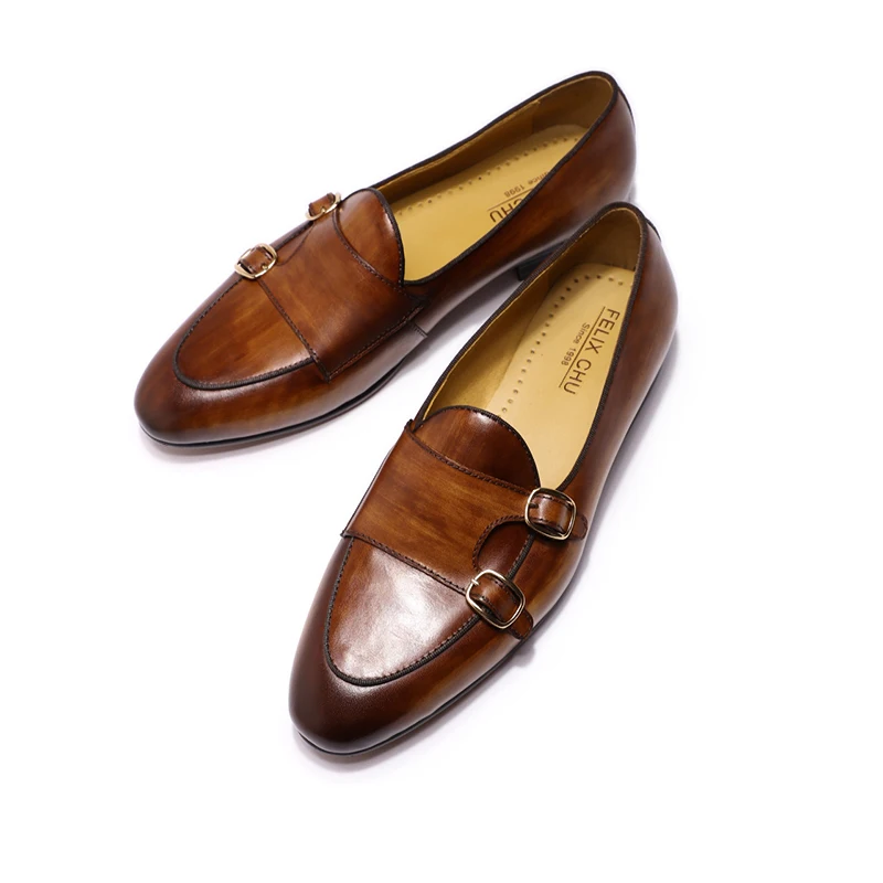 FELIX CHU Men's Genuine Leather Loafers Handmade Monk Strap Casual Dress Shoes for Wedding Party Summer Autumn Footwear