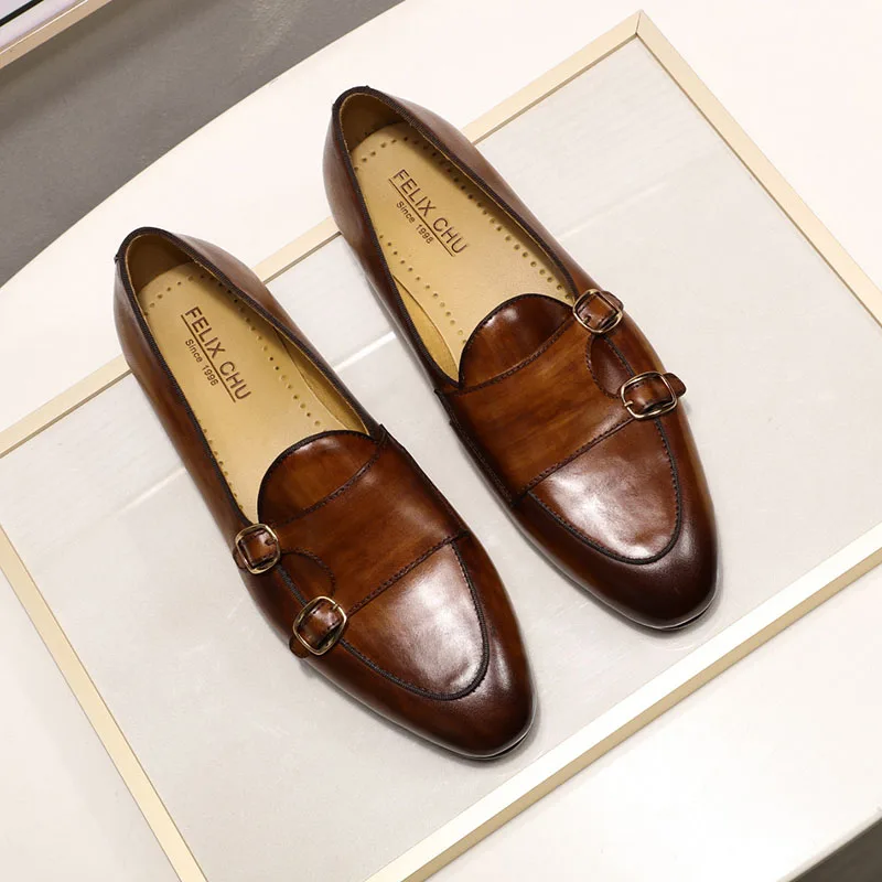 FELIX CHU Men's Genuine Leather Loafers Handmade Monk Strap Casual Dress Shoes for Wedding Party Summer Autumn Footwear