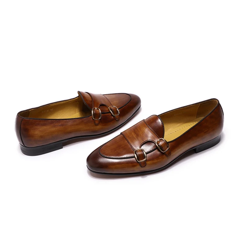 FELIX CHU Men's Genuine Leather Loafers Handmade Monk Strap Casual Dress Shoes for Wedding Party Summer Autumn Footwear