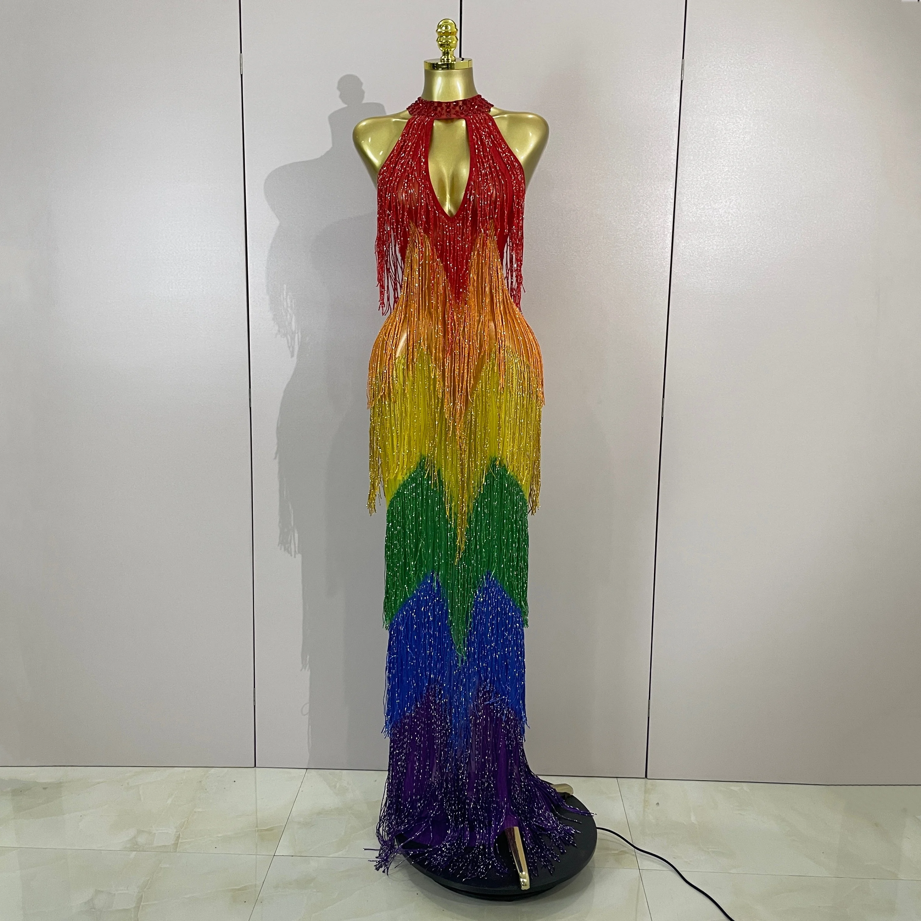 Women Sparkly Diamonds Graduated Rainbow Color Long Dress Sexy Mesh Evening Party Birthday Club Gowns Photoshoot Stage Costumes