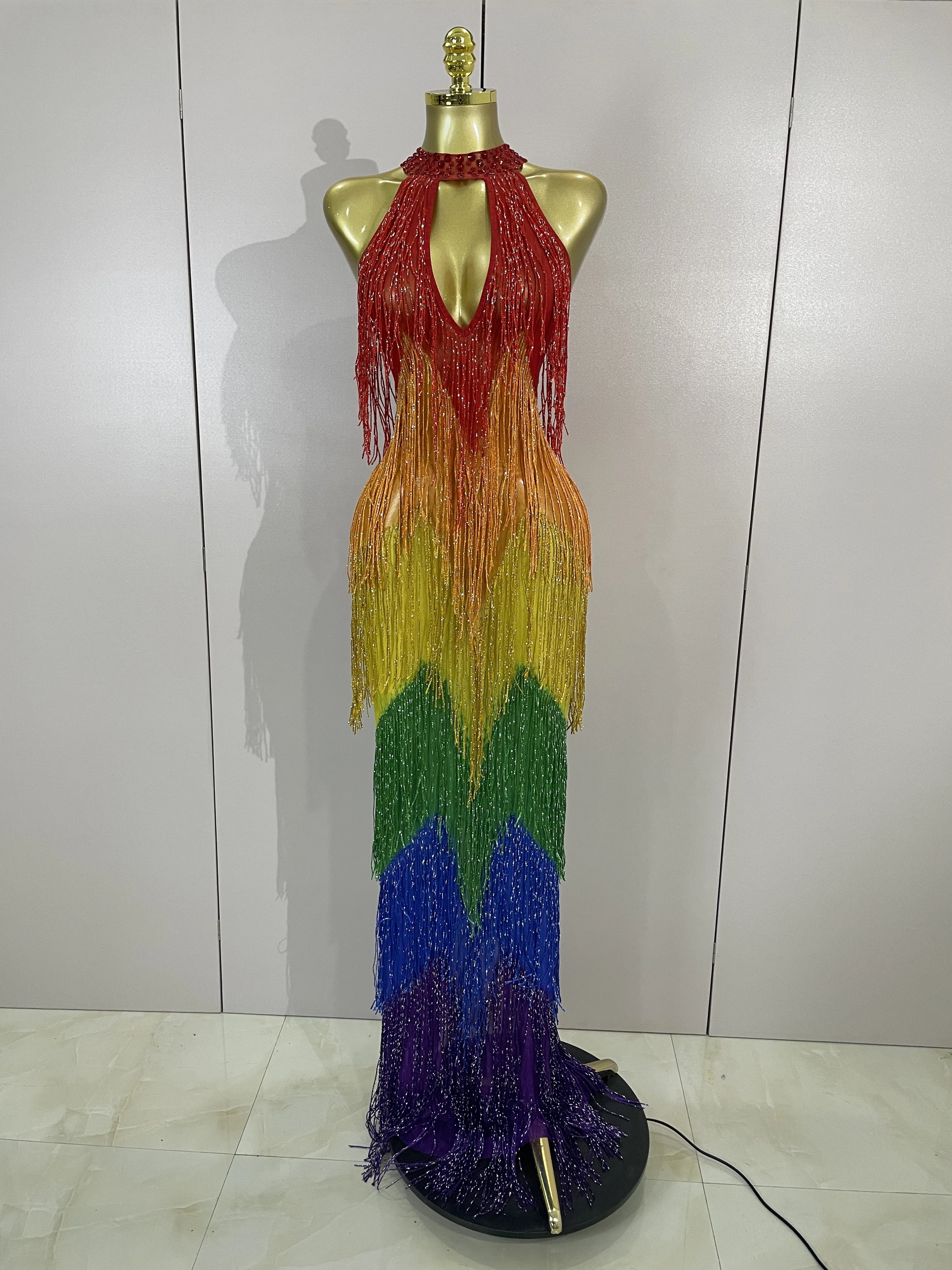 Women Sparkly Diamonds Graduated Rainbow Color Long Dress Sexy Mesh Evening Party Birthday Club Gowns Photoshoot Stage Costumes