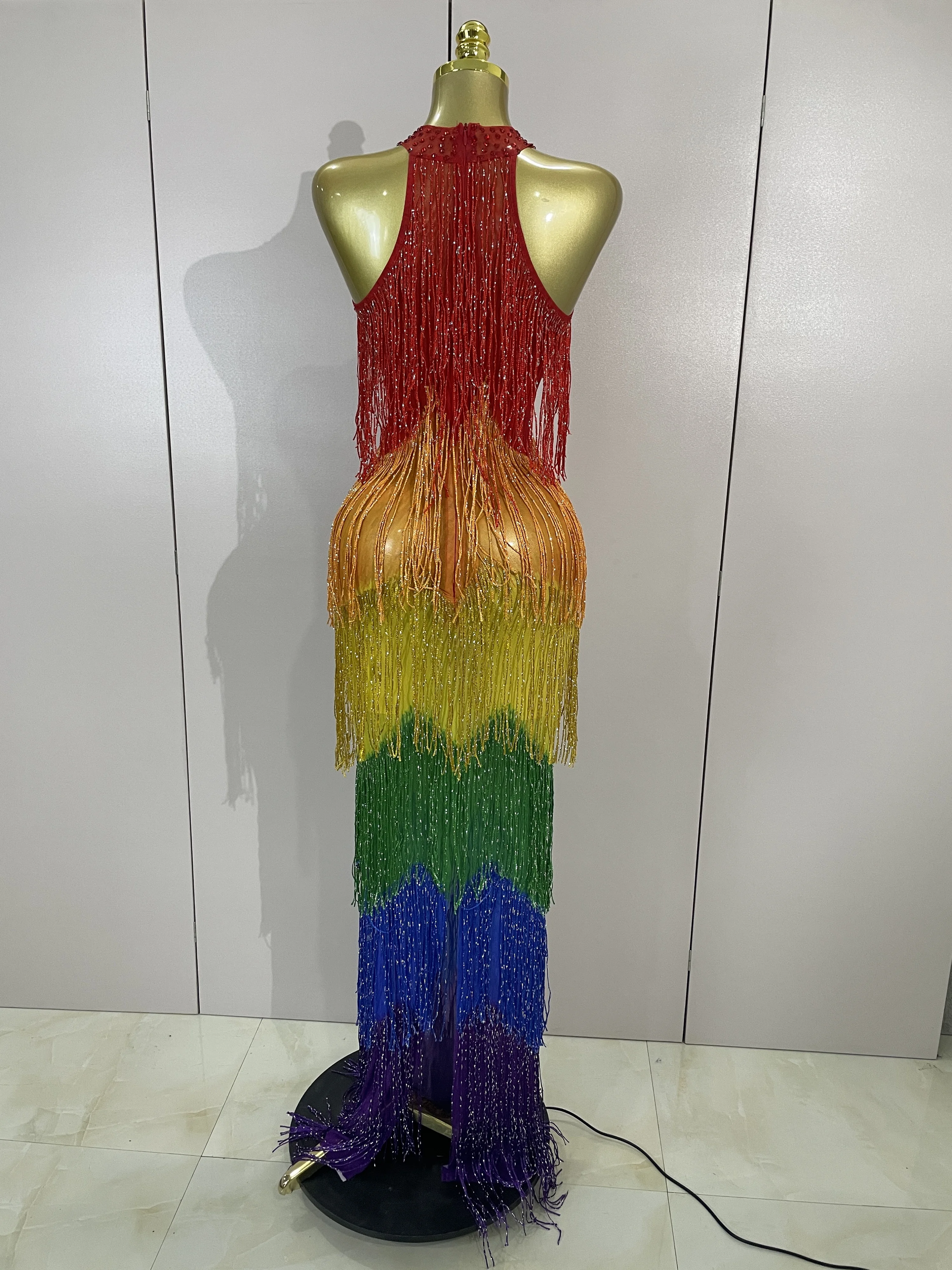 Women Sparkly Diamonds Graduated Rainbow Color Long Dress Sexy Mesh Evening Party Birthday Club Gowns Photoshoot Stage Costumes