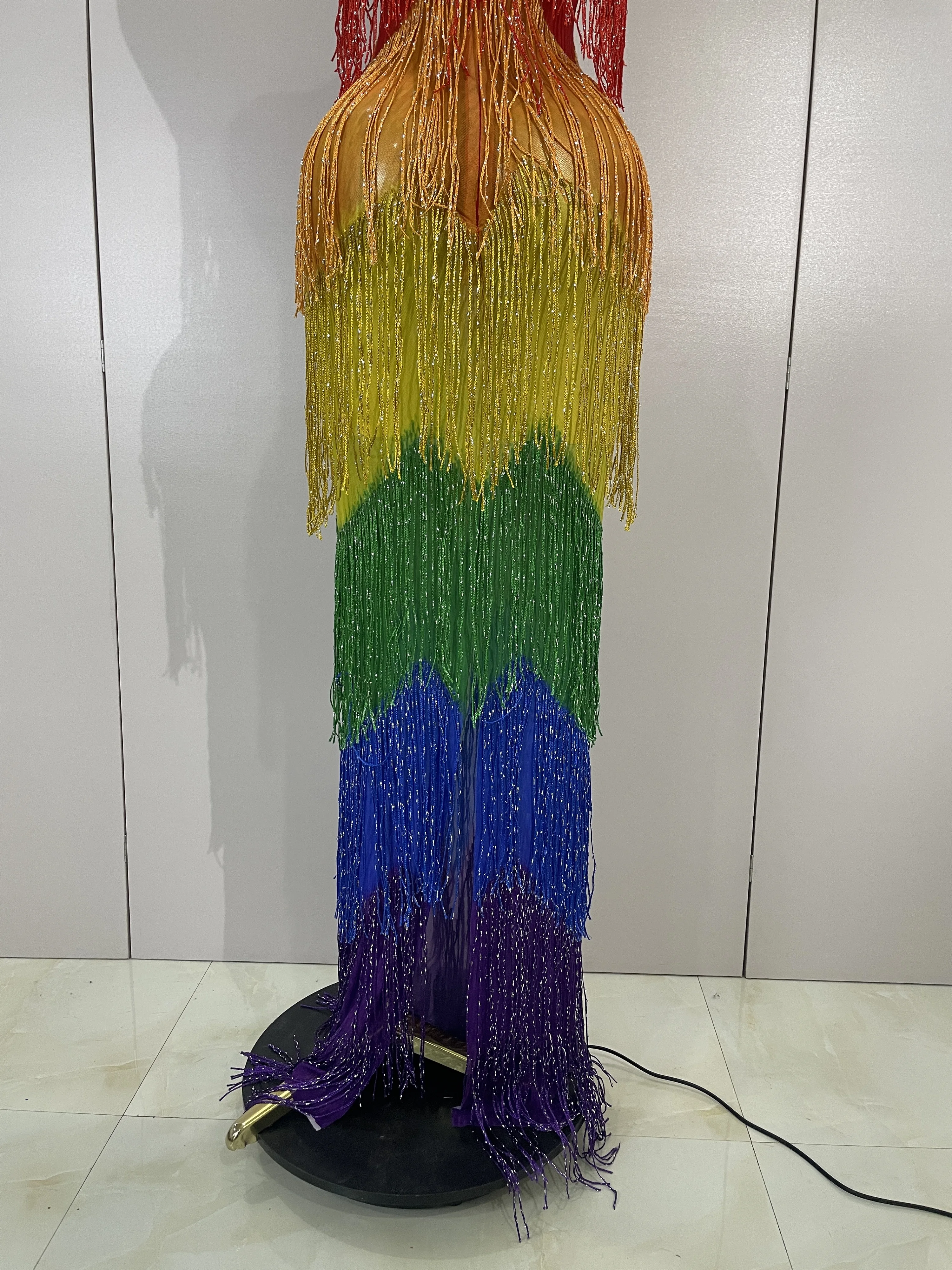 Women Sparkly Diamonds Graduated Rainbow Color Long Dress Sexy Mesh Evening Party Birthday Club Gowns Photoshoot Stage Costumes
