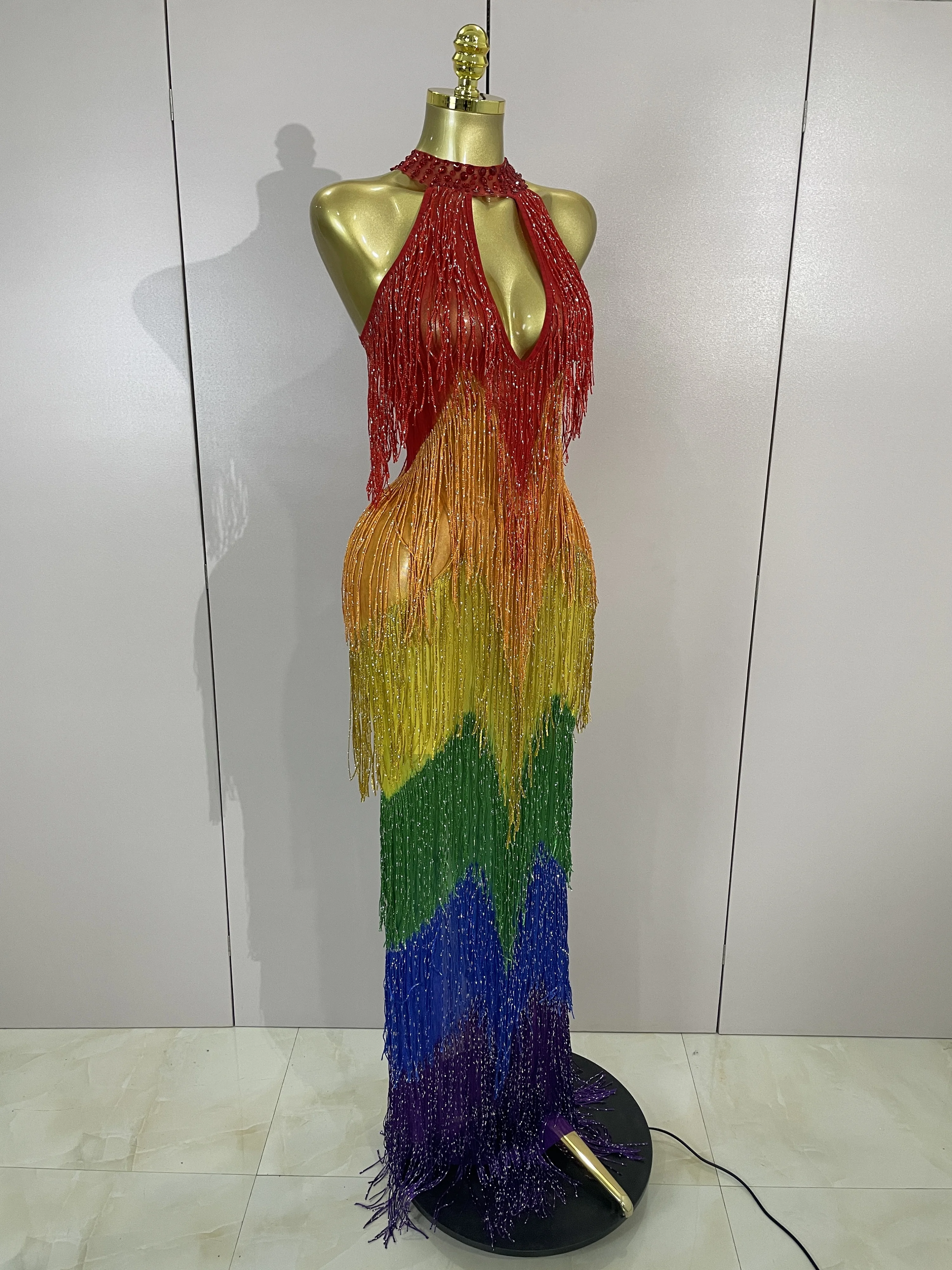 Women Sparkly Diamonds Graduated Rainbow Color Long Dress Sexy Mesh Evening Party Birthday Club Gowns Photoshoot Stage Costumes