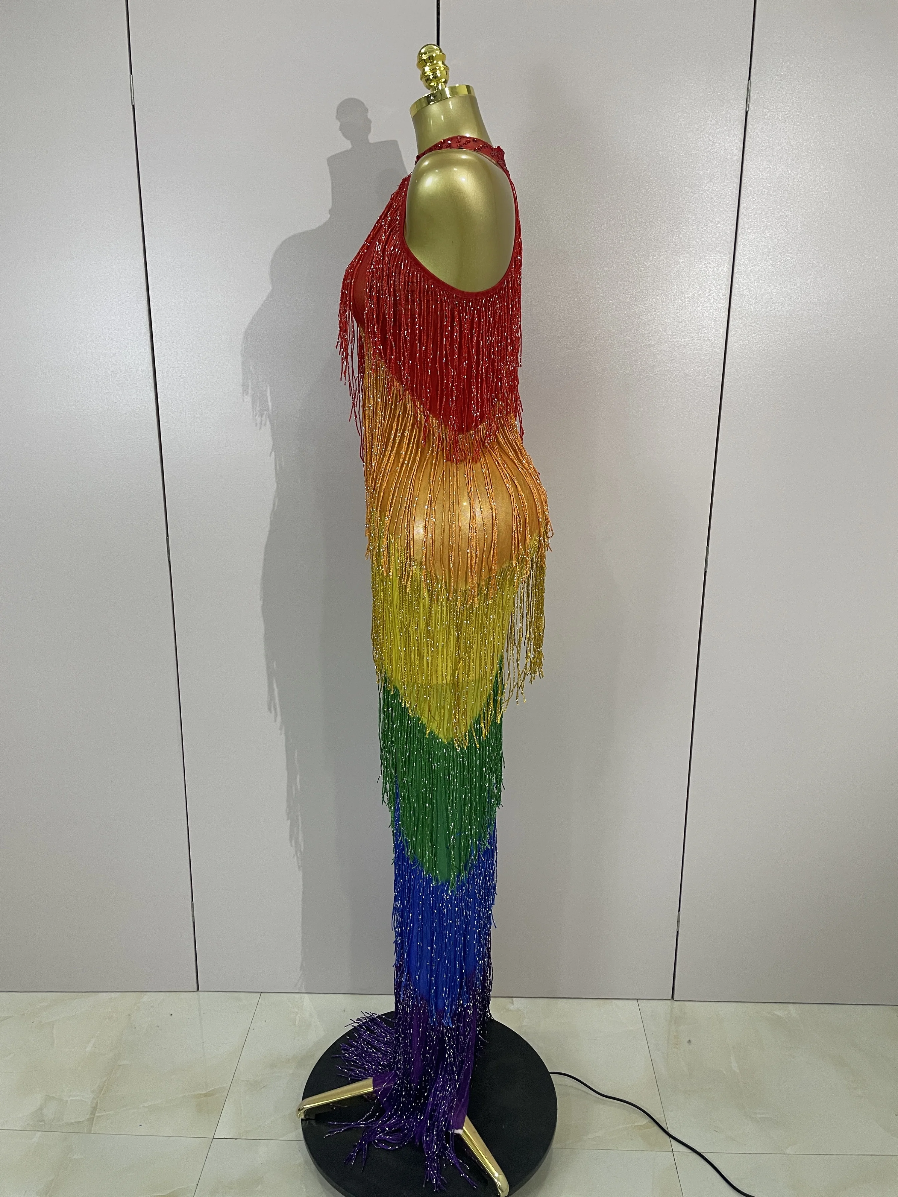 Women Sparkly Diamonds Graduated Rainbow Color Long Dress Sexy Mesh Evening Party Birthday Club Gowns Photoshoot Stage Costumes