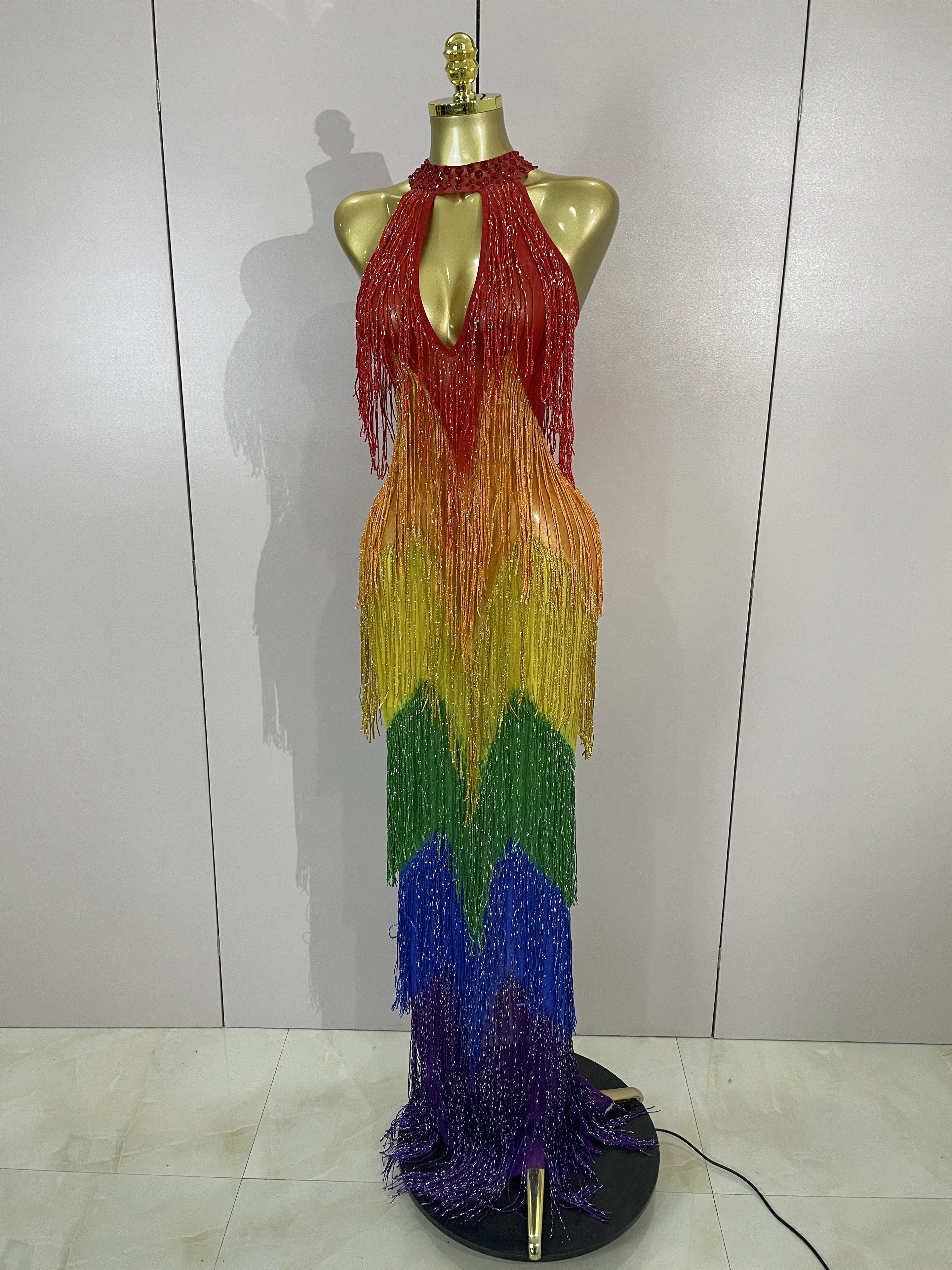 Women Sparkly Diamonds Graduated Rainbow Color Long Dress Sexy Mesh Evening Party Birthday Club Gowns Photoshoot Stage Costumes
