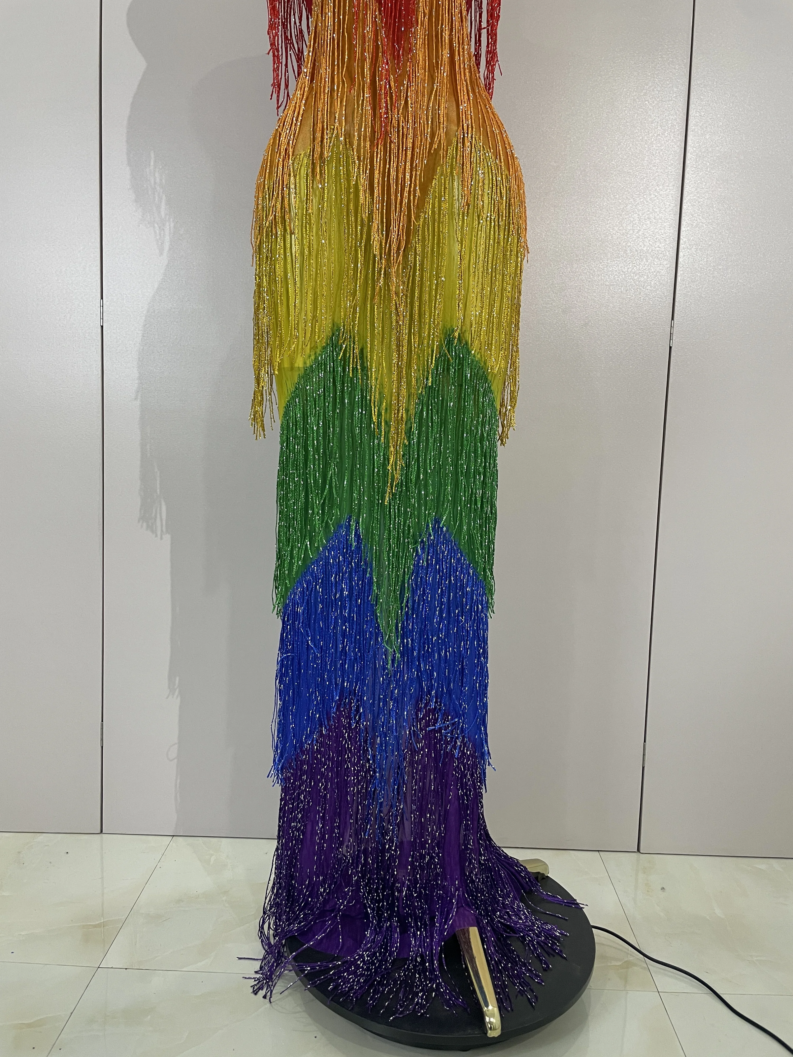 Women Sparkly Diamonds Graduated Rainbow Color Long Dress Sexy Mesh Evening Party Birthday Club Gowns Photoshoot Stage Costumes