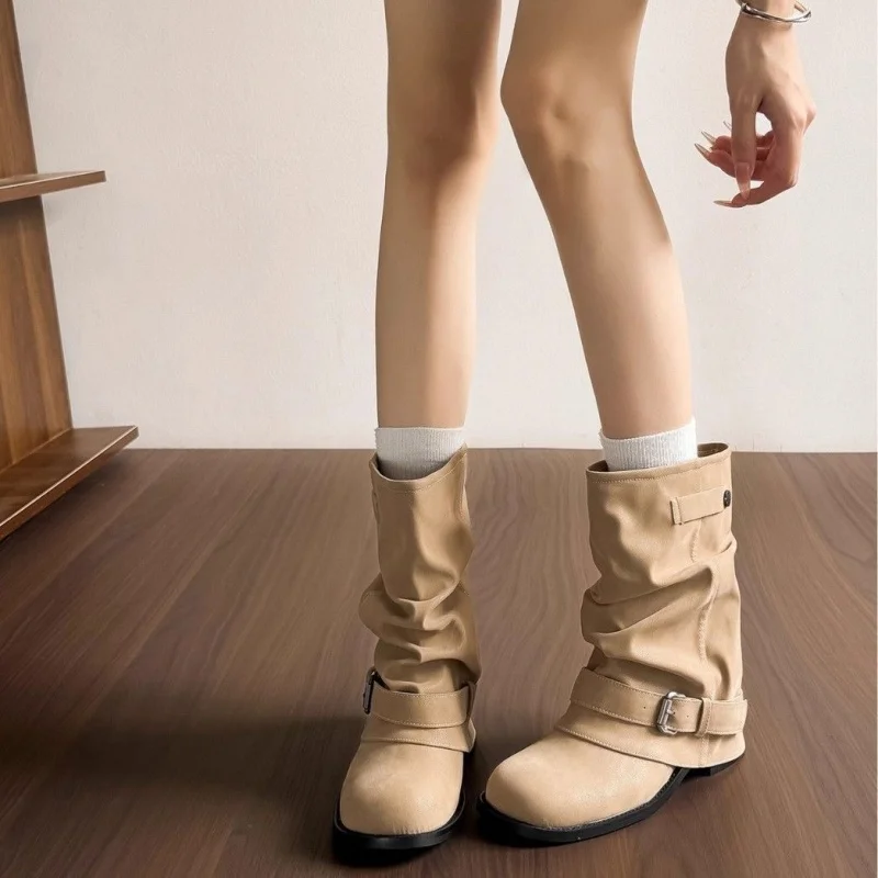 Women Ruched Slouchy Boots Vintage Buckle Mid Calf Motorcycle Boots Casual Square Low Heel Soft Leather Biker Retro Shoes