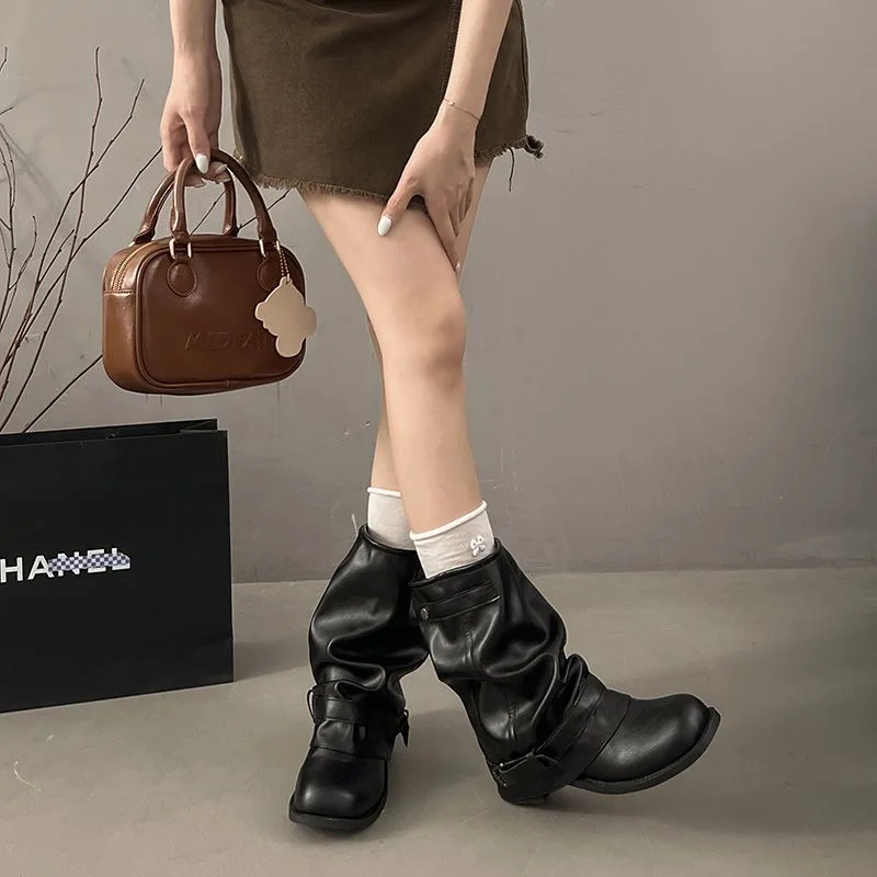Women Ruched Slouchy Boots Vintage Buckle Mid Calf Motorcycle Boots Casual Square Low Heel Soft Leather Biker Retro Shoes