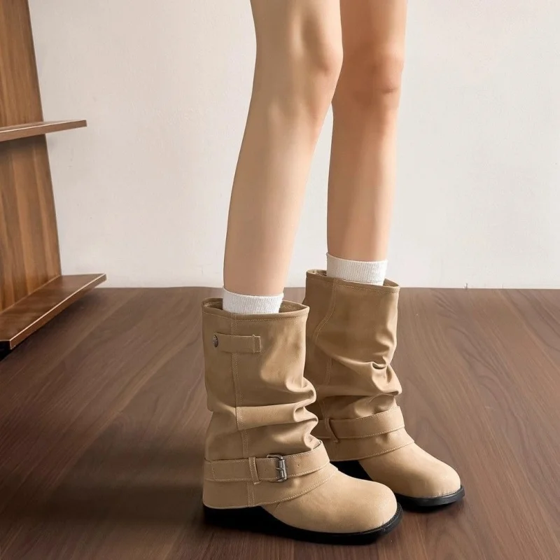 Women Ruched Slouchy Boots Vintage Buckle Mid Calf Motorcycle Boots Casual Square Low Heel Soft Leather Biker Retro Shoes