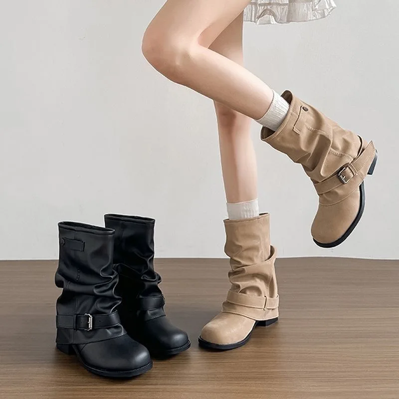 Women Ruched Slouchy Boots Vintage Buckle Mid Calf Motorcycle Boots Casual Square Low Heel Soft Leather Biker Retro Shoes