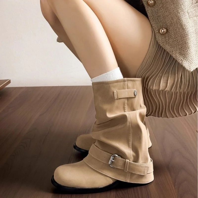 Women Ruched Slouchy Boots Vintage Buckle Mid Calf Motorcycle Boots Casual Square Low Heel Soft Leather Biker Retro Shoes
