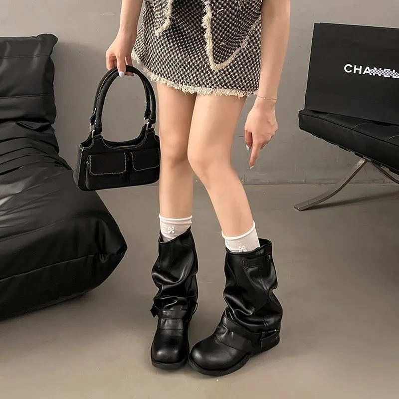 Women Ruched Slouchy Boots Vintage Buckle Mid Calf Motorcycle Boots Casual Square Low Heel Soft Leather Biker Retro Shoes