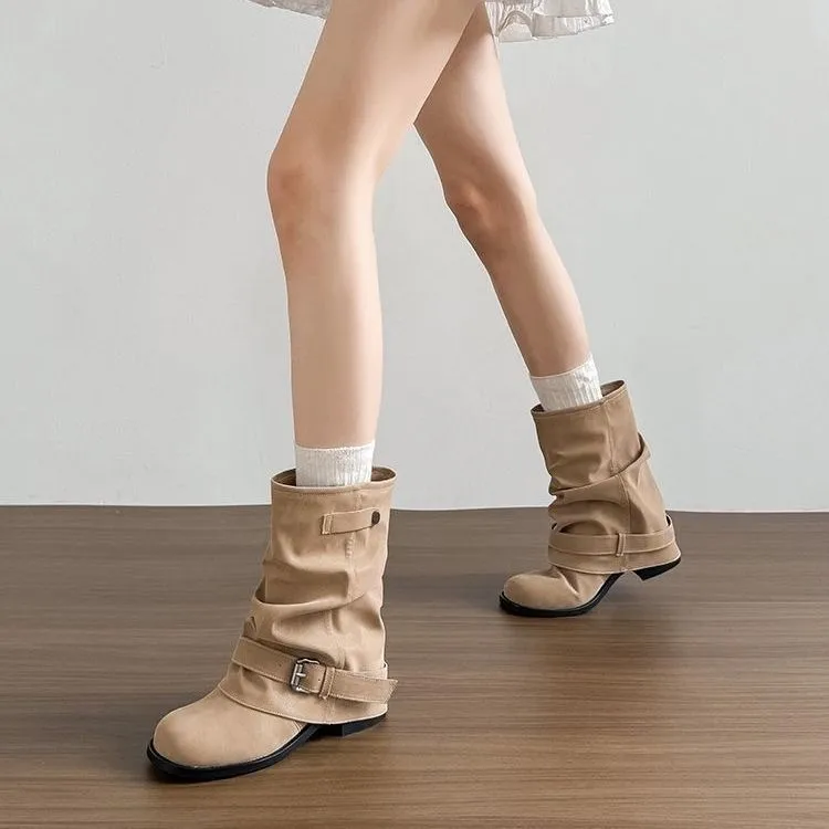 Women Ruched Slouchy Boots Vintage Buckle Mid Calf Motorcycle Boots Casual Square Low Heel Soft Leather Biker Retro Shoes
