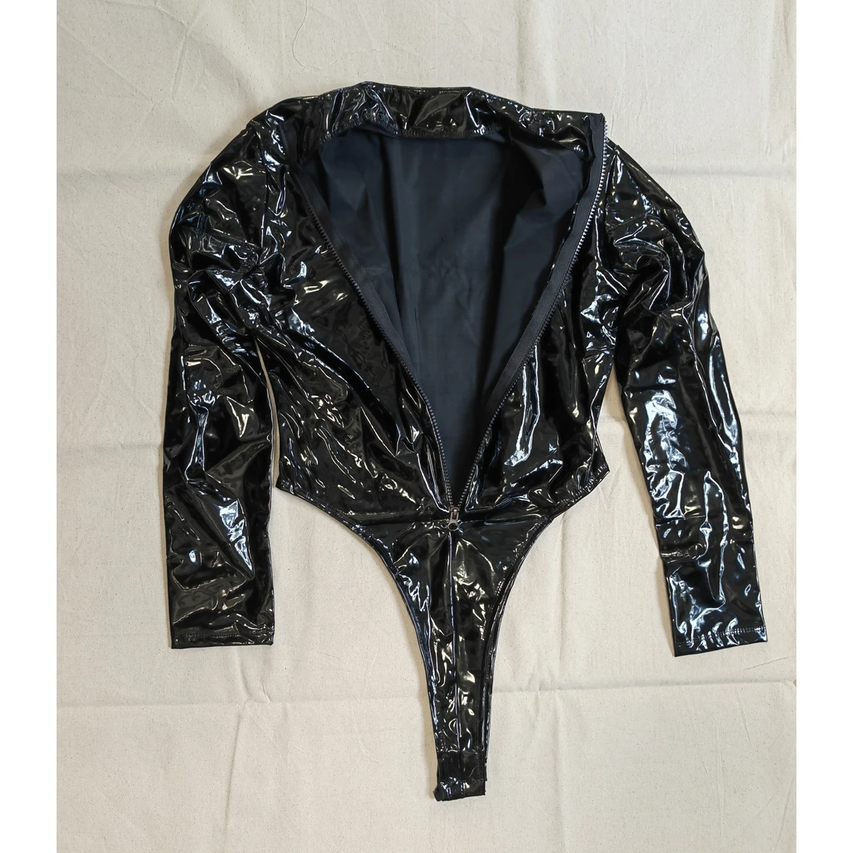 M-4XL Long Sleeve Wet Look PVC Catsuit Shiny PU Leather Bodysuit Tights High Cut Body Teddies Cosplay Tshirt Top Leotard Unitard