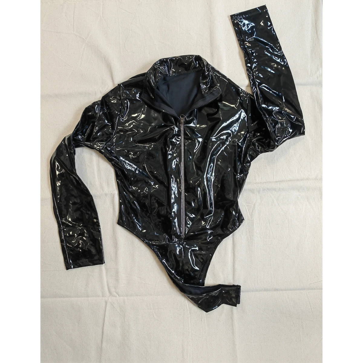 M-4XL Long Sleeve Wet Look PVC Catsuit Shiny PU Leather Bodysuit Tights High Cut Body Teddies Cosplay Tshirt Top Leotard Unitard