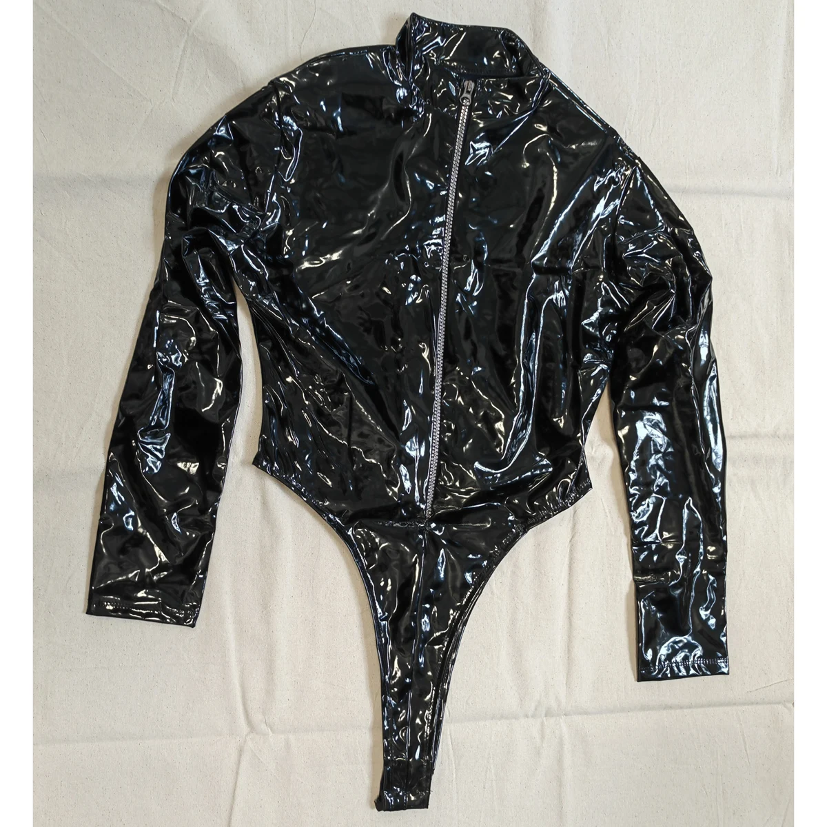 M-4XL Long Sleeve Wet Look PVC Catsuit Shiny PU Leather Bodysuit Tights High Cut Body Teddies Cosplay Tshirt Top Leotard Unitard