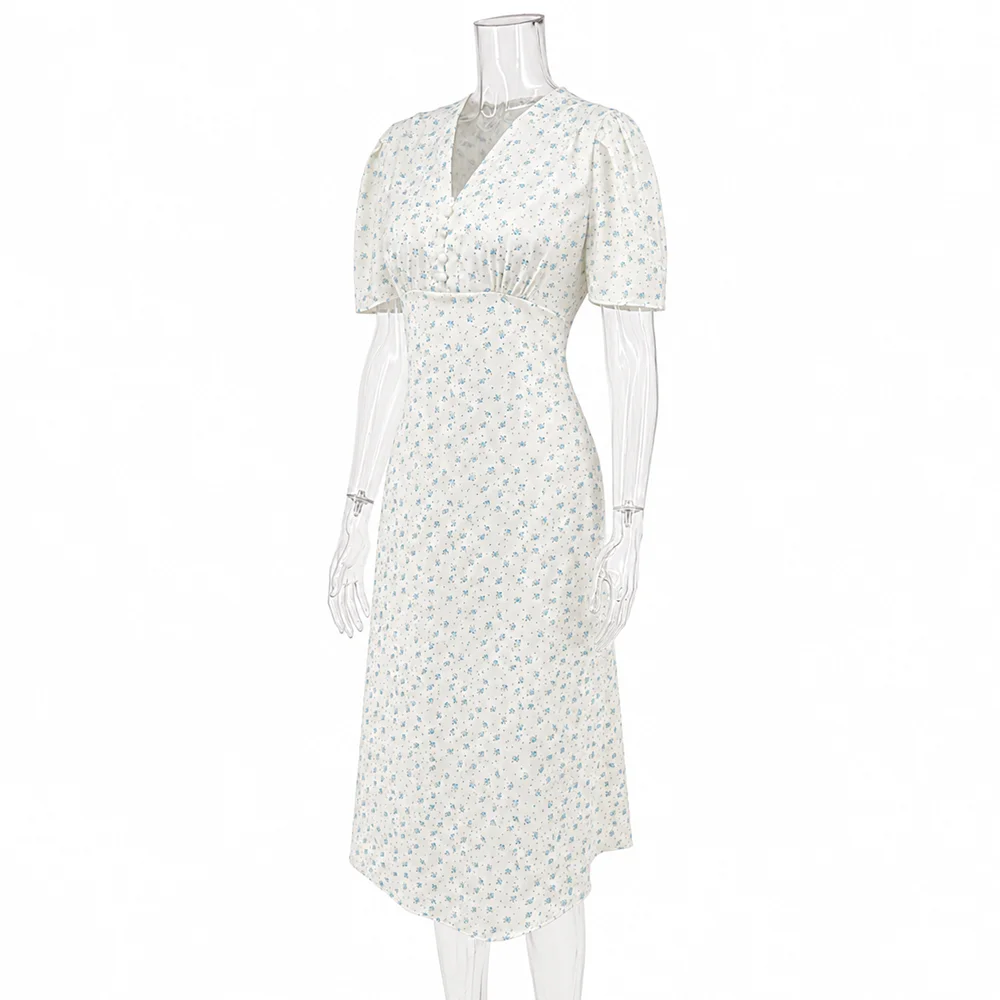 Ticketsx Women's Elegant Printed Dress Summer V-Neck Contrast Ruched Button Patchwork Dress Fashion Female Party Vacation Dress