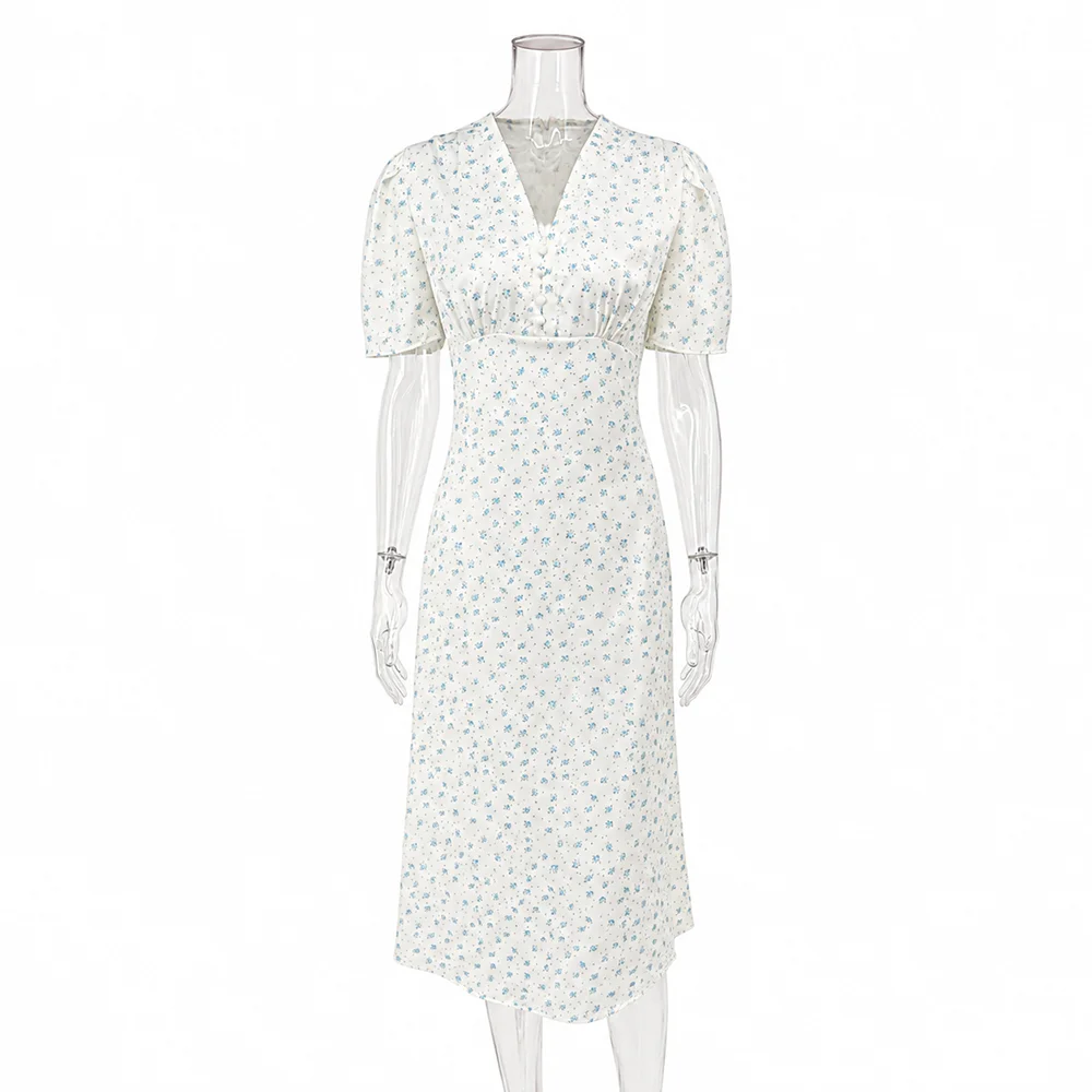 Ticketsx Women's Elegant Printed Dress Summer V-Neck Contrast Ruched Button Patchwork Dress Fashion Female Party Vacation Dress