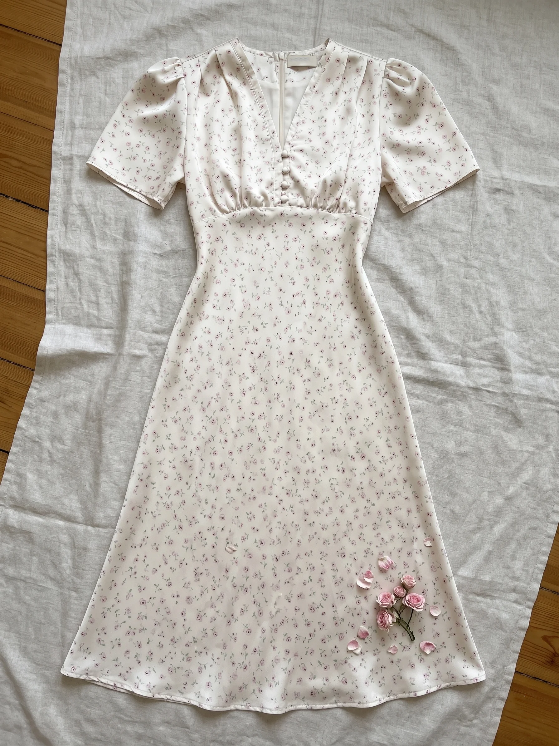 Ticketsx Women's Elegant Printed Dress Summer V-Neck Contrast Ruched Button Patchwork Dress Fashion Female Party Vacation Dress
