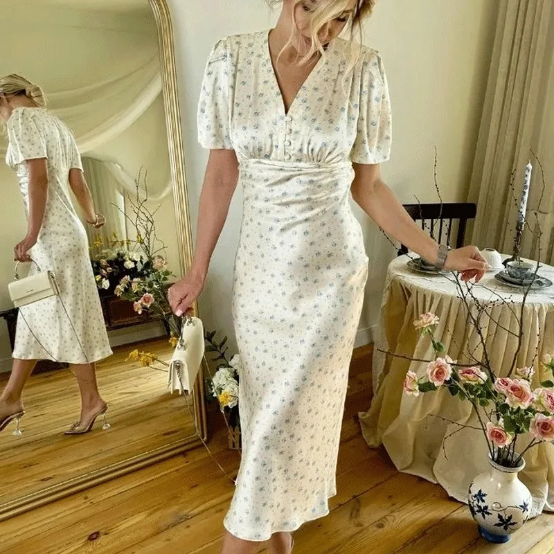Ticketsx Women's Elegant Printed Dress Summer V-Neck Contrast Ruched Button Patchwork Dress Fashion Female Party Vacation Dress
