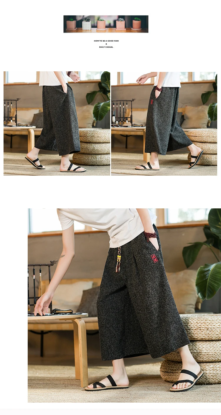 Japan Style Kimono Wide Leg Pants Men Lace Up Elastic Waist Vintage Casual Calf Length Pants Oversize Capris Trousers Streetwear