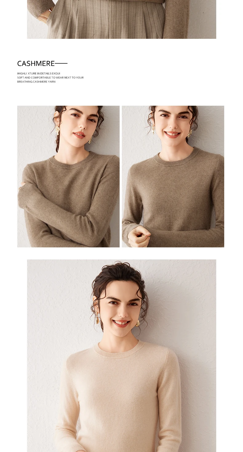 Women's 100% Pure Cashmere Sweater 2026 Fall Winter Crew Neck Long Sleeve Warm Soft Knitted Pullover New Knit Tops Women Clothes