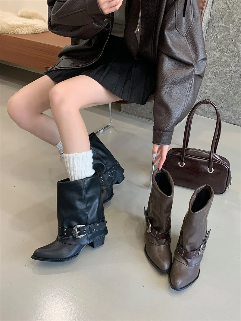 ZAROY Women Ankle Boots and Booties PU Leather Winter Pointed Toe Block Heel Mental Buckle Western Cowboy Boots Motorcycle Botas