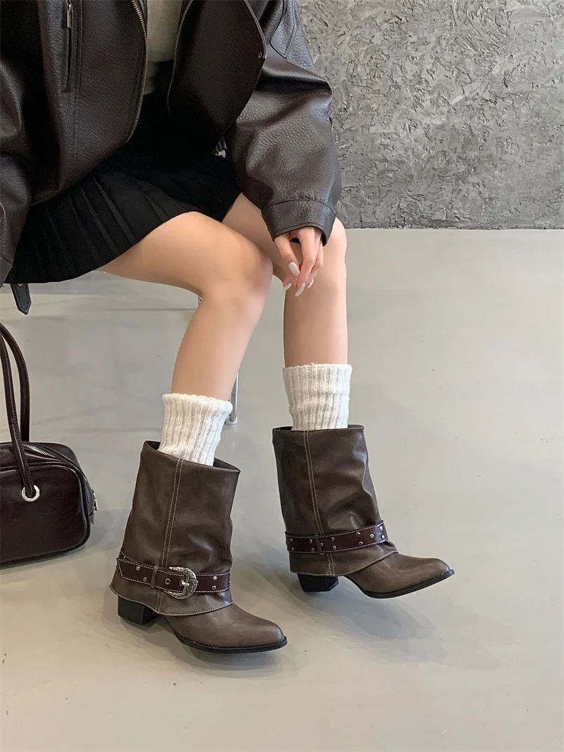 ZAROY Women Ankle Boots and Booties PU Leather Winter Pointed Toe Block Heel Mental Buckle Western Cowboy Boots Motorcycle Botas