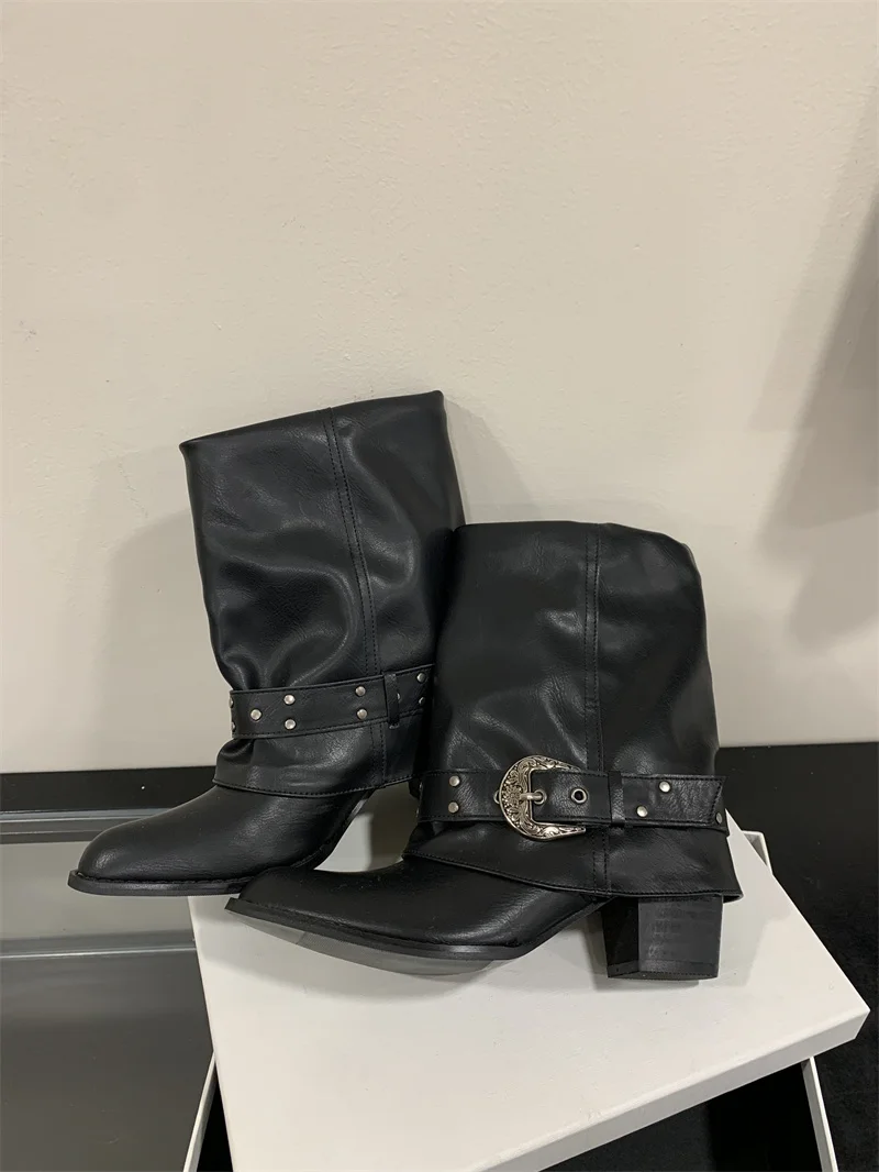 ZAROY Women Ankle Boots and Booties PU Leather Winter Pointed Toe Block Heel Mental Buckle Western Cowboy Boots Motorcycle Botas
